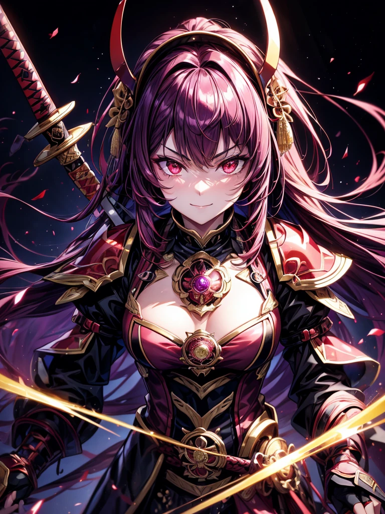 best quality,4K,high resolution),Ultradetailliert,realistisch,portrait, Lila Samurai Sukkubus mit einen katana dunkelrotem Haar, a purple-dark red armor with gold neon lights with gold trim and glowing red eyes, Leuchtende Farben, delicate features, seductive glance, Charming smile, wallende Haare, sanfte Beleuchtung