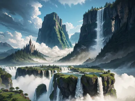 alpha landscape of waterfall，towers and waterfalls in the background, fantasy painting，lovely, landscape painting, game art pain...