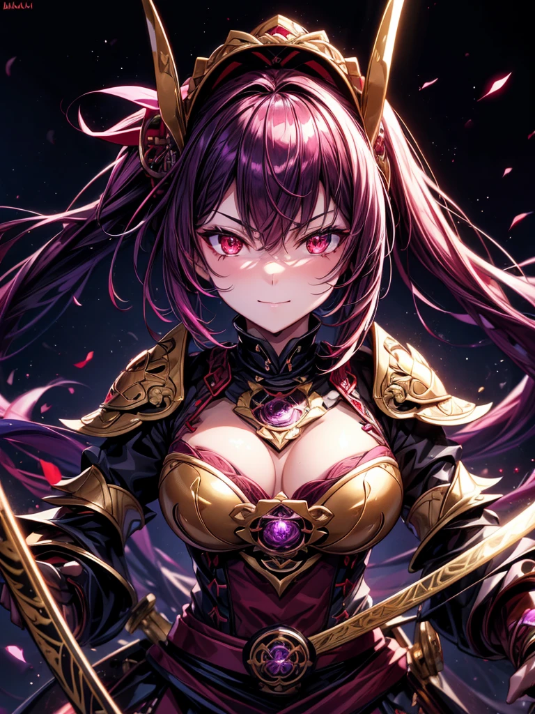 best quality,4K,high resolution),Ultradetailliert,realistisch,portrait, Lila Samurai Sukkubus mit einen katana dunkelrotem Haar, a purple-dark red armor with gold neon lights with gold trim and glowing red eyes, Leuchtende Farben, delicate features, seductive glance, Charming smile, wallende Haare, sanfte Beleuchtung