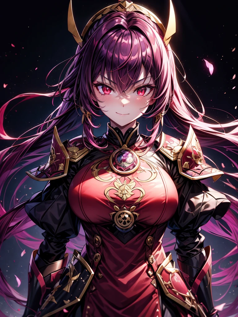 best quality,4K,high resolution),Ultradetailliert,realistisch,portrait, Lila Samurai Sukkubus mit einen katana dunkelrotem Haar, a purple-dark red armor with gold neon lights with gold trim and glowing red eyes, Leuchtende Farben, delicate features, seductive glance, Charming smile, wallende Haare, sanfte Beleuchtung