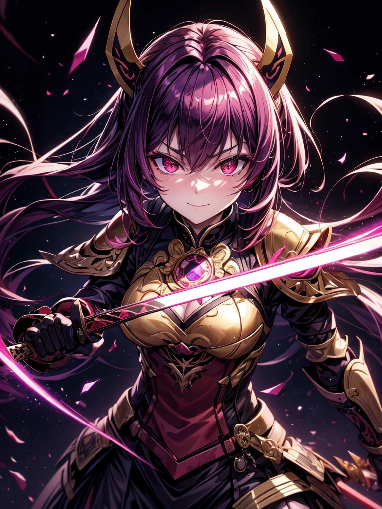 best quality,4K,high resolution),Ultradetailliert,realistisch,portrait, Lila Samurai Sukkubus mit einen katana dunkelrotem Haar, a purple-dark red armor with gold neon lights with gold trim and glowing red eyes, Leuchtende Farben, delicate features, seductive glance, Charming smile, wallende Haare, sanfte Beleuchtung