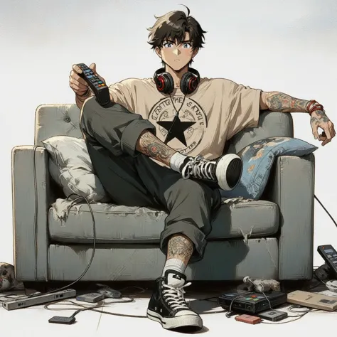 anime - style drawing of a man sitting on a couch with a remote control, anime boy, relaxing after a hard day, high quality anim...
