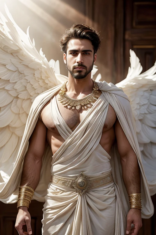 ультра HD, Hyperrealistic photo of a красивый 27 year-old Iranian man, носить белую древнегреческую одежду, элегантно драпируется на одно плечо, ангельские крылья, Ювелирные изделия, (светло-коричневые волосы:1.37), короткая стрижка, (волосы на лице:1.37), мужественный, красивый, Привлекательный, сексуальный мужчина, точеная линия подбородка, грудные мышцы, пресс, Летающий в небе, поза полета, Во времена Древней Греции, с цветами и туманом, шедевр, Лучшее качество, глубина резкости, сложные детали,