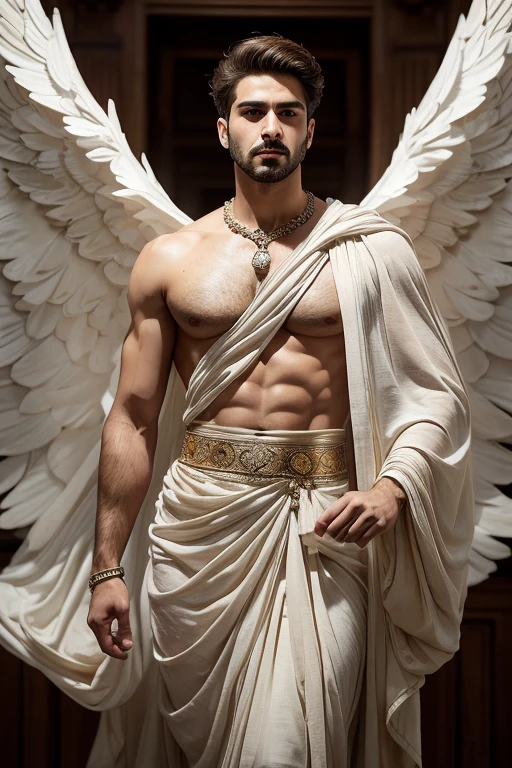 ультра HD, Hyperrealistic photo of a красивый 27 year-old Iranian man, носить белую древнегреческую одежду, элегантно драпируется на одно плечо, ангельские крылья, Ювелирные изделия, (светло-коричневые волосы:1.37), короткая стрижка, (волосы на лице:1.37), мужественный, красивый, Привлекательный, сексуальный мужчина, точеная линия подбородка, грудные мышцы, пресс, Летающий в небе, поза полета, Во времена Древней Греции, с цветами и туманом, шедевр, Лучшее качество, глубина резкости, сложные детали,
