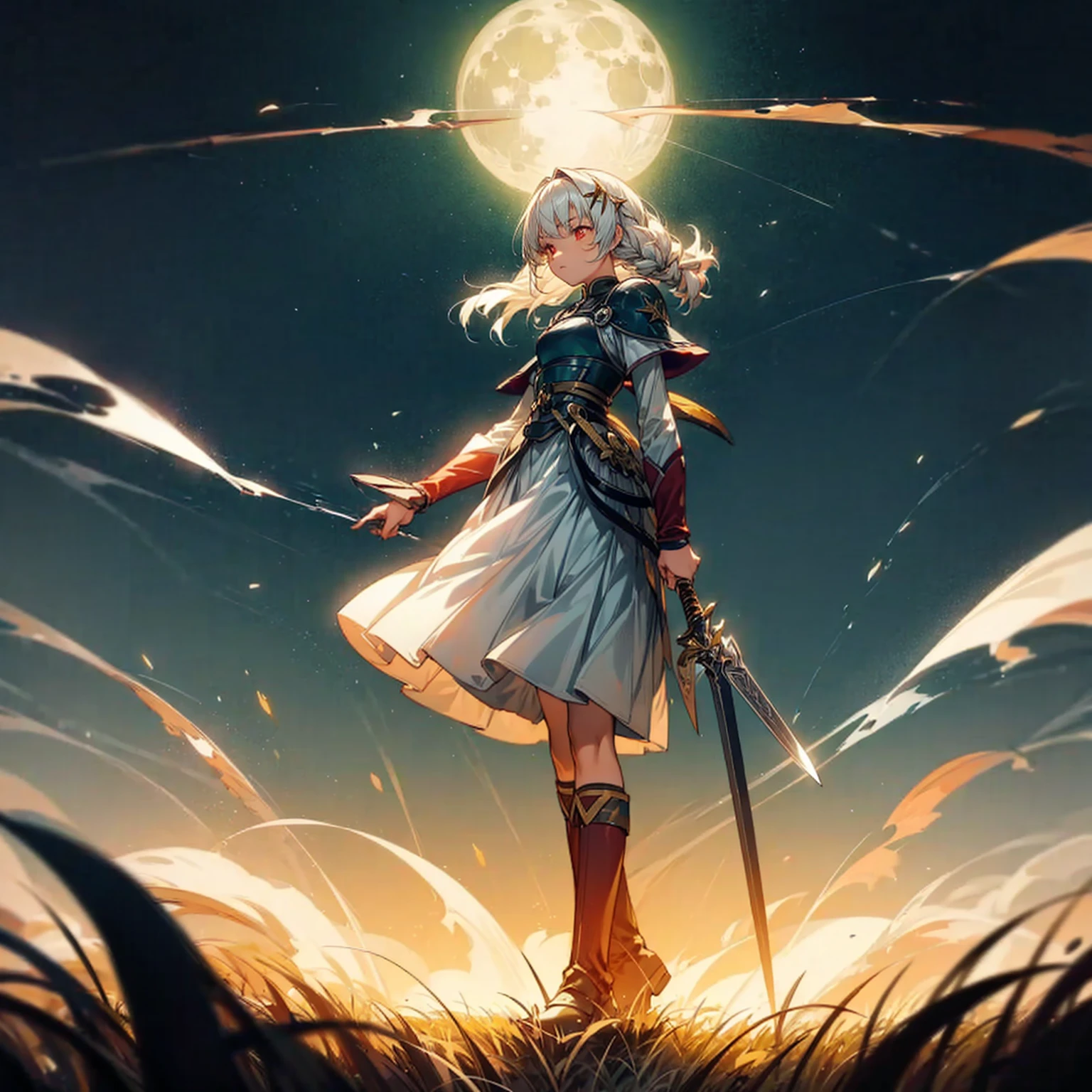 1girl, Full body version, 1character, light red eyes color, long classic hairstyle, white colour hair, soldier style clothing, Long skirt, long socks, long boots, gold armors, knife in hand, full background, Grassroots background in green field, motion blur, standing gesture, (Hunter x Hunter style art), smoke, fire, lighting knife, lighting moon, Moonlight, aura