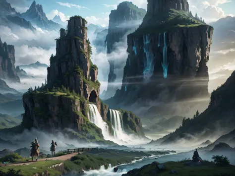 alpha landscape of waterfall，towers and waterfalls in the background, fantasy painting，lovely, landscape painting, game art pain...