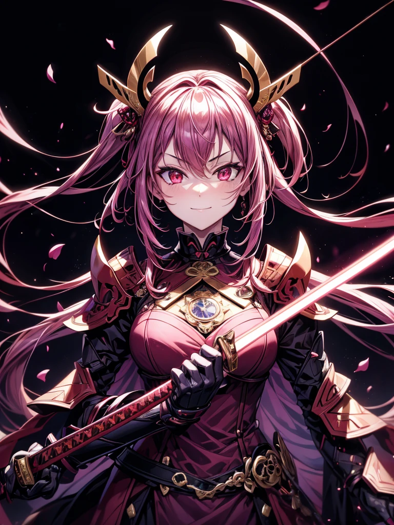 best quality,4K,high resolution),Ultradetailliert,realistisch,portrait, Lila Samurai Sukkubus mit einen katana dunkelrotem Haar, a purple-dark red armor with gold neon lights with gold trim and glowing red eyes, Leuchtende Farben, delicate features, seductive glance, Charming smile, wallende Haare, sanfte Beleuchtung