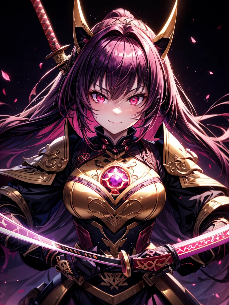 best quality,4K,high resolution),Ultradetailliert,realistisch,portrait, Lila Samurai Sukkubus mit einen katana dunkelrotem Haar, a purple-dark red armor with gold neon lights with gold trim and glowing red eyes, Leuchtende Farben, delicate features, seductive glance, Charming smile, wallende Haare, sanfte Beleuchtung