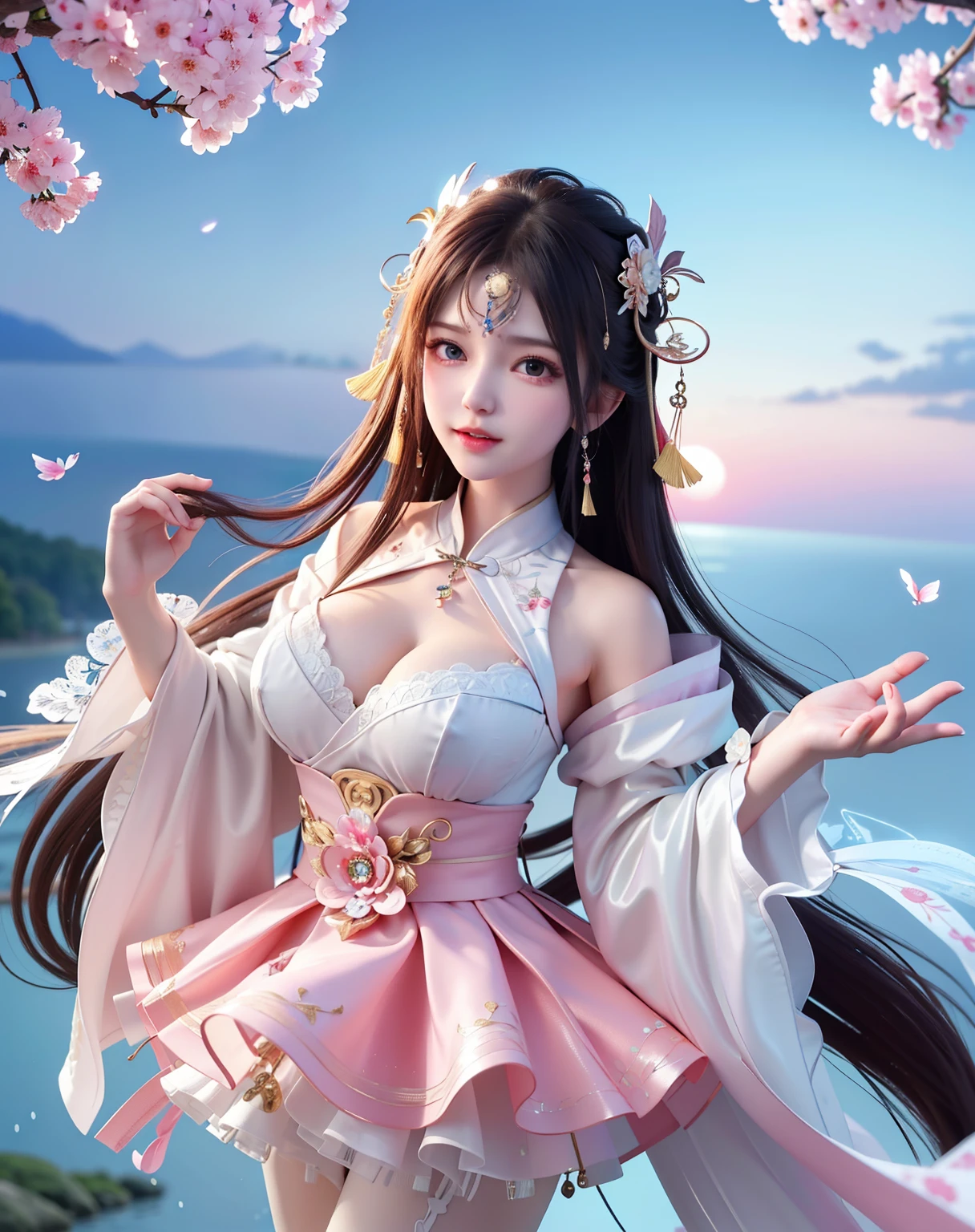 (8k, RAW photo:1.2), best quality, ultra high res,dramatic angle,(fluttered detailed color splashs), (illustration),(((1 girl))),(long hair),(rain:0.9), (Headdress:1.4),There is an ancient palace beside the girl,Hanfu,(Key Points),Color ink painting,(Splash of Color),Splash of Color,(((colorful))),(sketch:0.8) , Masterpiece, best quality, beautiful painted, highly detailed,(denoising:0.6),[splash ink],((ink refraction)), (beautiful detailed sky),moon,highly,detaild,(masterpiece, best quality, extremely detailed） CG Unity 8k Wallpaper，masterpiece，best quality，Ultra Detailed），（Lycoris）.shoulder ballet dress open V-chested clothes Thin silk lace dress short skirt , (huge ，cleavage),, white pink, blue ，best qualtiy，tmasterpiece，Ultra-high resolution，（Reality：1.4），RAW photogr，（True skin texture：1.3），（filmgrain：1.3），（Selfie angle），1个Giant Breast Girl，Beautiful eye and face details，tmasterpiece，Best quality at best，，The chest more exposed， detailed hair, bra pink , detail 8k, full body, lace petticoat