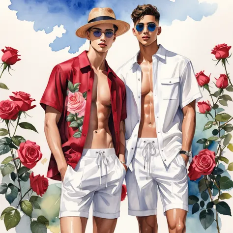 candid fashion illustration of young mixed race 2man, both aged 18-23 year old, ((showcase fashion look book in white linen outf...