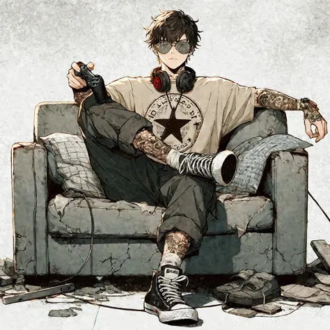 anime - style drawing of a man sitting on a couch with a remote control, anime boy, relaxing after a hard day, high quality anim...