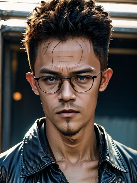 (masterpiece, best quality:1.2), 1man, close up of a man wearing glasses and a leather jacket, calm look, intense sunlight, perf...