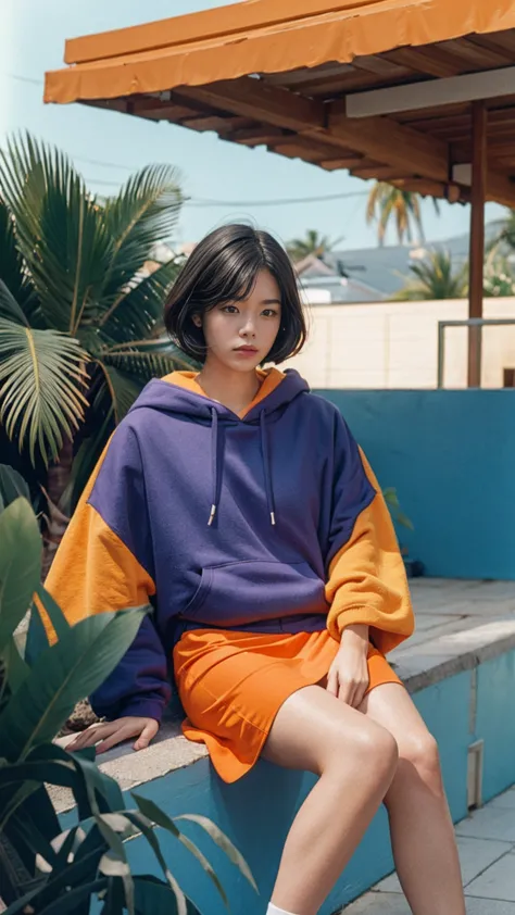 long shot portrait of cute 23 yo girl ,wear ((orange color oversized_hoodie)), wear ((purple tennis skirt)),looking front,Best Q...