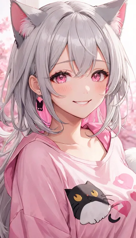 Medium chest,pretty girl,smile,Longing eyes,Cat ear, Beautiful silver hair,Pink inside,Beautiful pink eyes, Oversized shirt,