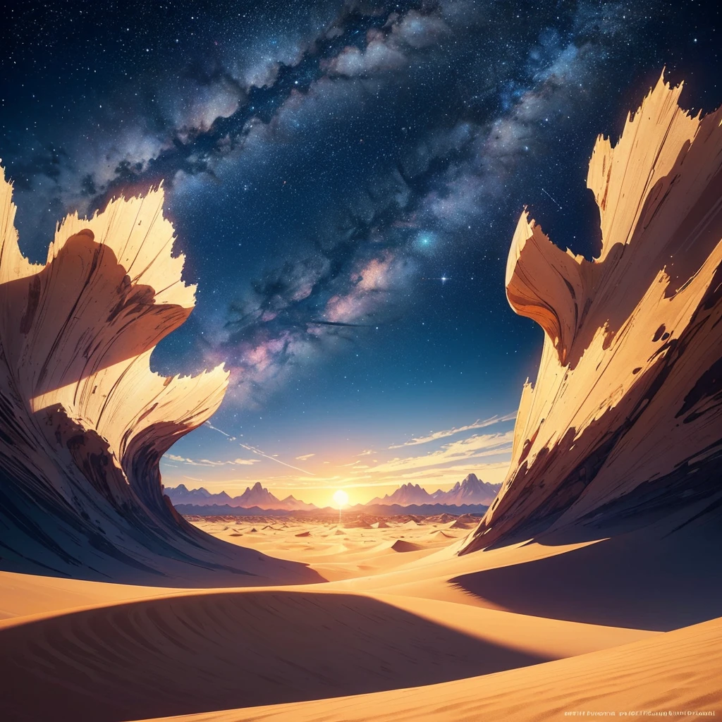 廣闊的沙漠景觀, 在前景中，我們有大而美麗的沙丘, 沙子太細了, 這種沙的顏色是溫暖的泥土色, 給人的印像是它們在風中以之字形移動., 在後台, 你可以看到巨大的山脈與圖像結合在一起，第三個平面是美麗的夜空，你可以看到閃爍著多種顏色的星星星座, 產生人類從未見過的氣氛., 来自另一个世界. ((高品質)) ((傑作)) ((攝影)) ((高解析度)) ((高畫質))