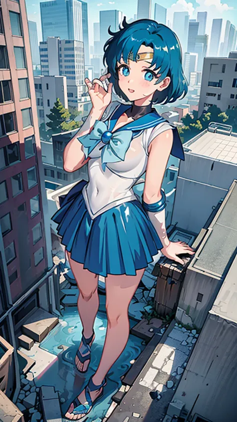 anime style beauty masterpiece unreal engine precision cute girl giant girl (ami mizuno in skyscraper) short blue hair sailor me...