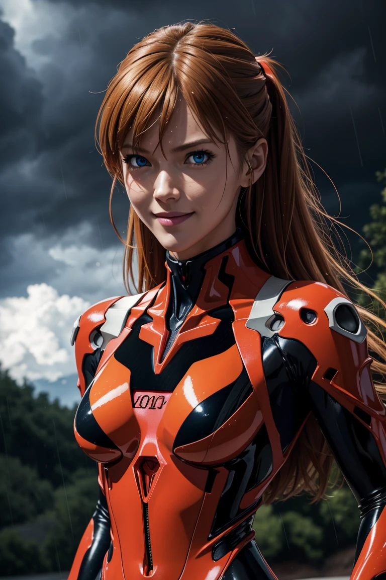 Evangelion,Asuka Langley,blue eyes,Plug Suit,Bodysuits,Interface Headset,赤いBodysuits,Ultra HD,super high quality,masterpiece,Digital SLR,Photorealistic,Detailed details,Vivid details,Depicted in detail,A detailed face,Detailed details,Super Detail,Realistic skin texture,Anatomical basis,Perfect Anatomy,Anatomically correct hand,Anatomically correct fingers,Complex 3D rendering,Sexy pose,Rainy Sky,Beautiful scenery,Fantastic rainy sky,Picturesque,Pink Lips,smile,