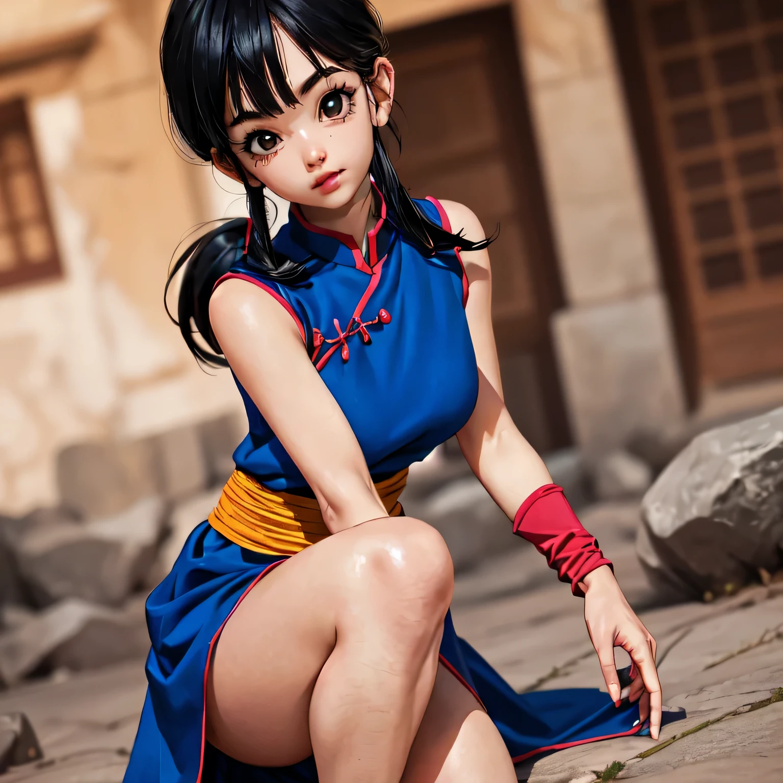 (ultra realistic,32k,RAW photo:1.1),(high detailed skin:1.1), 8k uhd, dslr, high quality, film grain, (makeup, mascara:1.1), lips,(thick\lips\), dragon ball, bbchichi, (low ponytail:1.1), black eyes, medium breast, (busty:1.1) ,  (chubby:0.1),(lighting:1.1),dark theme,big depth of field, beautiful face, highly detailed skin, dragon ball chichi,  beautiful small eyes, thighs, chinese clothes, blue dress, sleeveless, wristband, sash, beautiful leg