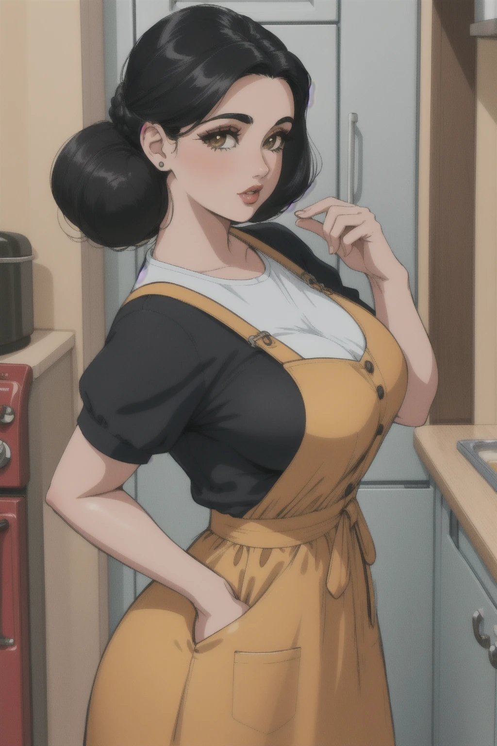 mature woman, retro, warm retro colors, wearing dress and apron standing in kitchen, large breasts, black hair, updo, makeup, looking down at viewer, from below, extremely low angle, incase,