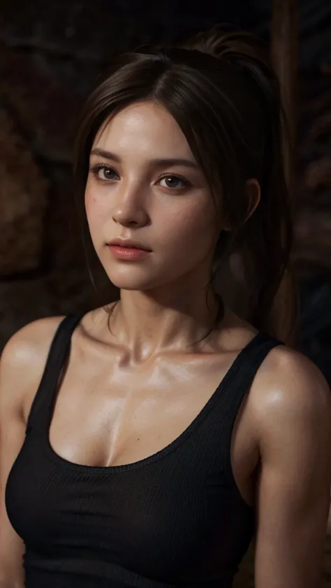 Lara Croft, brown eyes, (best quality, ultra-detailed), (realistic:1.37), beautiful and detailed face, ultra-realistic texture, ...