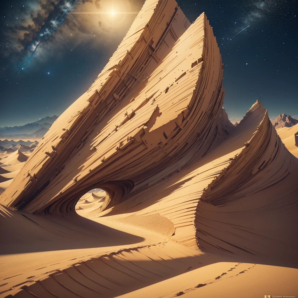 A vast landscape of a huge desert, in the foreground we have large and beautiful sand dunes, the sand is too fine, The colors of this sand are warm and earthy colors, It gives the impression that they move in a zig zag pattern in the wind., In the background, you can see huge mountains that combine with the image and the third plane is a beautiful night sky where you can see constellations of stars that shine in multiple colors, generating an atmosphere of something never before seen by humans., from another world. ((high quality)) ((Masterpiece)) ((Photography)) ((high resolution)) ((HD))