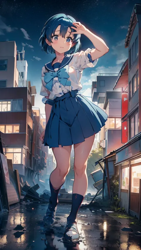 anime style beauty masterpiece unreal engine precision cute girl giant girl (ami mizuno in skyscraper) short blue hair sailor me...