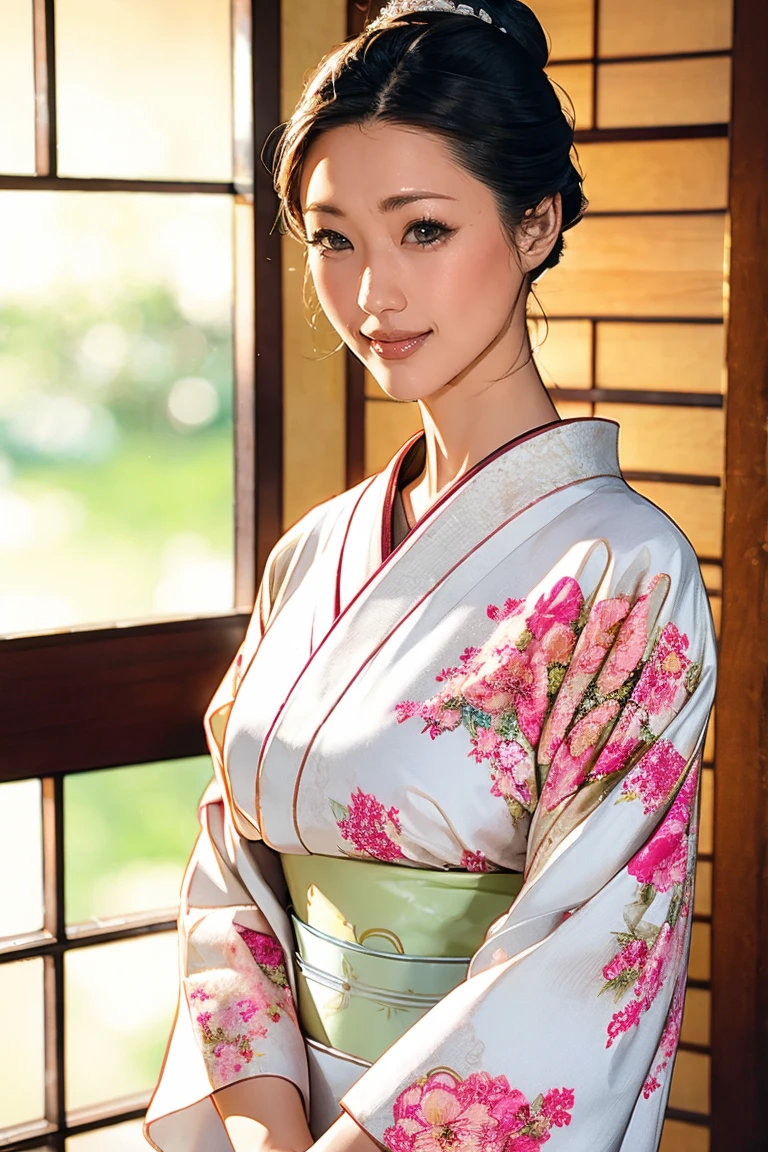 (Highest quality、Tabletop、8K、Best image quality、Award-winning works)、(1 Beautiful Mature Woman:1.1)、(Innkeeper:1.1)、(Elegant white floral kimono:1.2)、(A kimono with a perfect and accurate collar:1.2)、Perfect Mature Woman Portrait Photo、Glowing Skin、Standing Elegantly、(Blurred elegant and elaborate perfect Japanese style room background:1.3)、(The most natural and perfect tidy Japanese-style room background:1.2)、(Elegant and luxurious Japanese style room background:1.1)、Glowing White Skin、Very white skin、(Accentuate your body lines:1.1)、(The most elegant posture:1.2)、(Large Breasts:1.2)、(Chignon:1.2)、(Voluptuous body:1.2)、(Accurate anatomy:1.4)、(A smile staring at me:1.3)、(Stand classy:1.3)