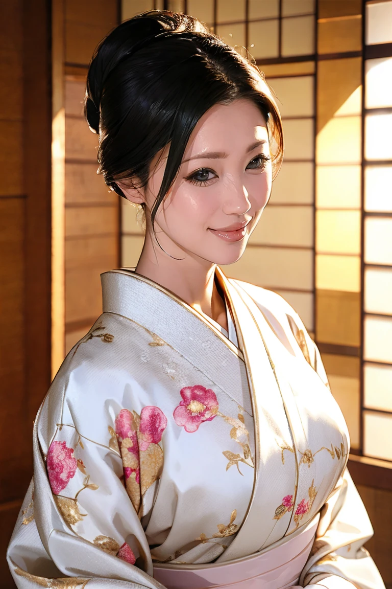 (Highest quality、Tabletop、8K、Best image quality、Award-winning works)、(1 Beautiful Mature Woman:1.1)、(Innkeeper:1.1)、(Elegant white floral kimono:1.2)、(A kimono with a perfect and accurate collar:1.2)、Perfect Mature Woman Portrait Photo、Glowing Skin、Standing Elegantly、(Blurred elegant and elaborate perfect Japanese style room background:1.3)、(The most natural and perfect tidy Japanese-style room background:1.2)、(Elegant and luxurious Japanese style room background:1.1)、Glowing White Skin、Very white skin、(Accentuate your body lines:1.1)、(The most elegant posture:1.2)、(Large Breasts:1.2)、(Chignon:1.2)、(Voluptuous body:1.2)、(Accurate anatomy:1.4)、(A smile staring at me:1.3)、(Stand classy:1.3)