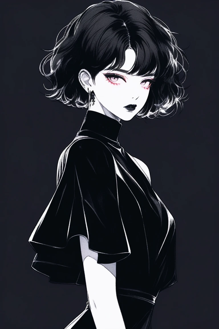 (Highest quality, sketch:1.2),Realistic,Illustrator,anime,1 Girl, Detailed lips, Black Dress,custom, (Background dark monochrome),Neon Hair,Texture Cropping, masterpiece, Style: Retro Classic, Dark Black, art, sketch book, (Shorthair Black:1.75 Neon:1.32), bad woman , Dark monochrome background, Dark fantasy 