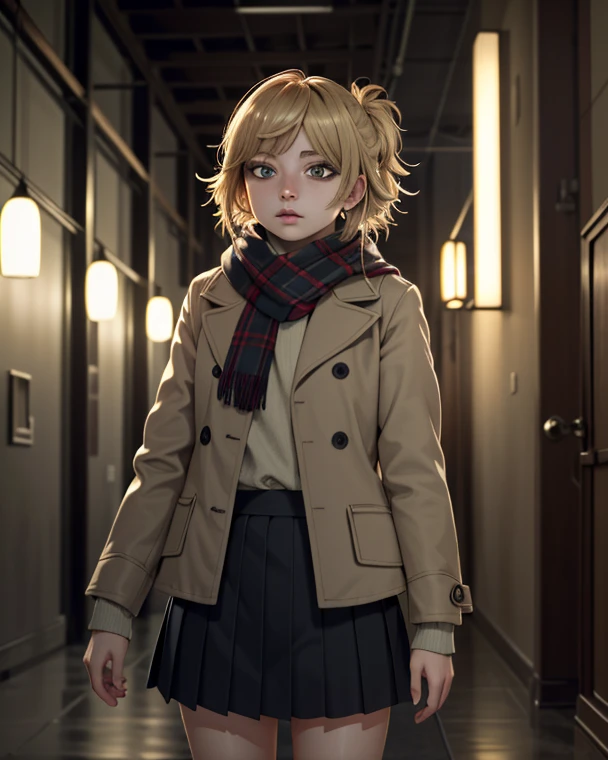 ((ultra detailed, masterpiece, absurdres))
 1girl, UDSam, solo, realistic, jacket, short hair, blonde hair, skirt, scarf, cinematic lighting, landscape, dawn