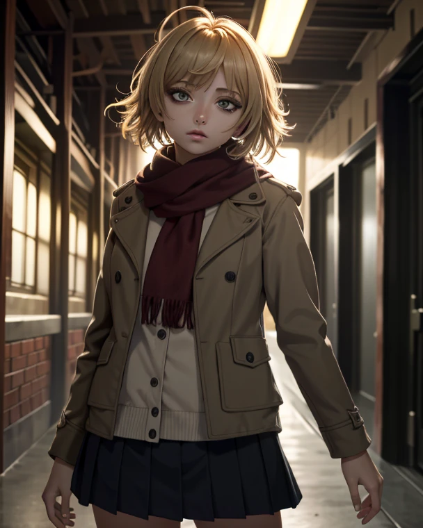 ((ultra detailed, masterpiece, absurdres))
 1girl, UDSam, solo, realistic, jacket, short hair, blonde hair, skirt, scarf, cinematic lighting, landscape, dawn