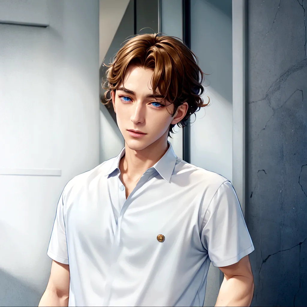 Blue eyes and golden hair、Anime boy in blue shirt, Tall anime guy with blue eyes, Semi-realistic anime, In games, Smooth anime C...