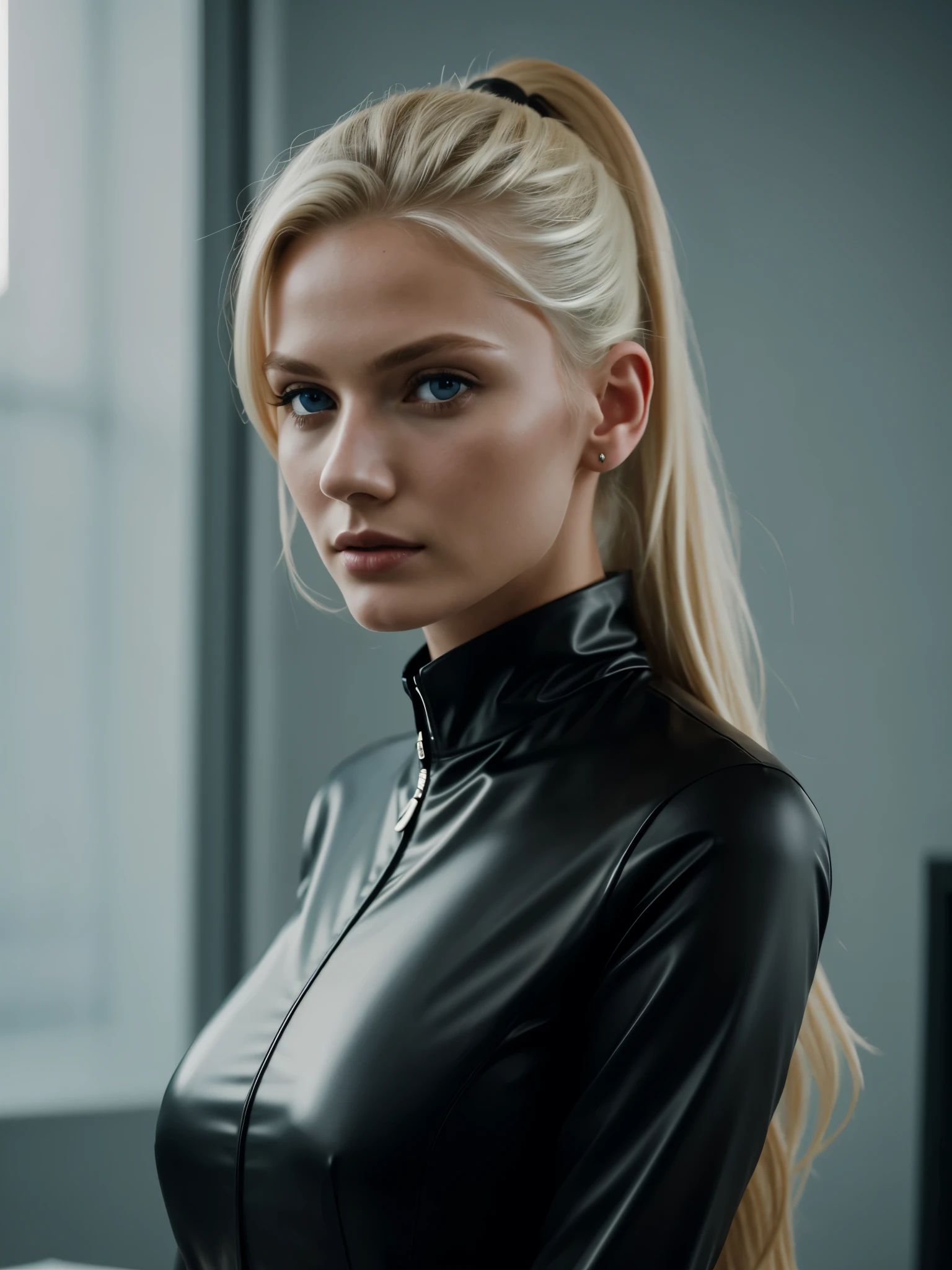 1girl in, age23, Solo, Aesthetic artwork, American Blonde, Sleek blonde ponytail, shoulder length hair, blue eyes, light blue eyes, s, pale skin, B-cup, medium breasts, slender, detailed skin texture, in a CEO office, holding a contract, bdsm, side profile head turned to camera, (extremely detailed 8k wallpaper), hard lighting, high quality, film grain, Fujifilm XT3 sharp focus, f 2.6, 135mm, High Detail, Sharp focus, (mood light), (matte-black latex business-suit), crazy details, complex details, hyper detailed