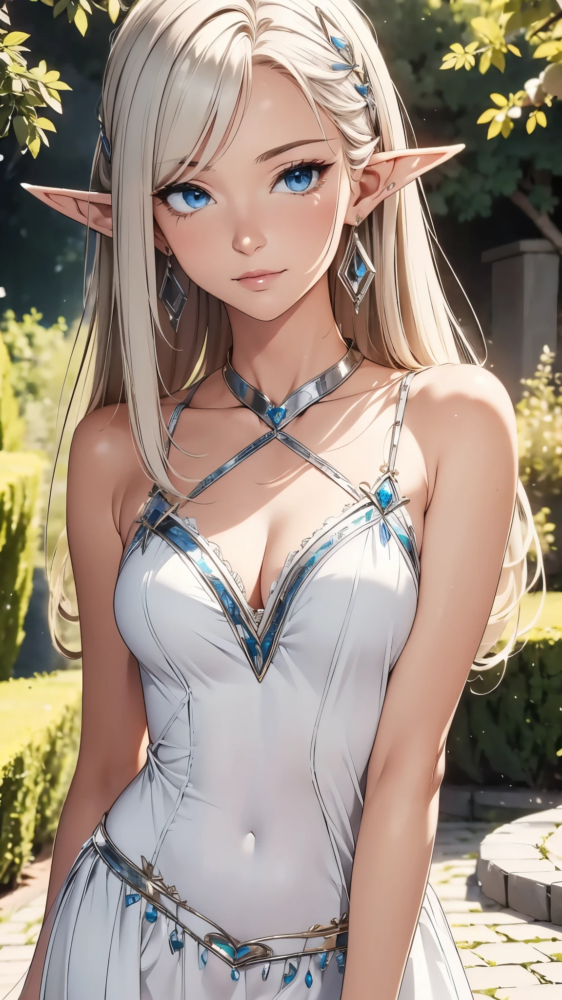 1 woman, Beautiful elf lady, silver white Long straight hair, upturn elf pointy ears, blue eyes, sexy  figure, hot body, very beautiful face, detailed face, delicate eyes, detailed pupil, beautiful and delicate lips, blush, shy, heart, in love, light smile, white camisole long skirt, Simple and stylish, small crystal earrings, hand drawn animation, high detailed, outdoor, symmetrical clothes, best quality, masterpiece, retina,