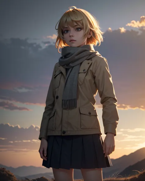 ((ultra detailed, masterpiece, absurdres))
 1girl, udsam, solo, realistic, jacket, short hair, blonde hair, skirt, scarf, cinema...