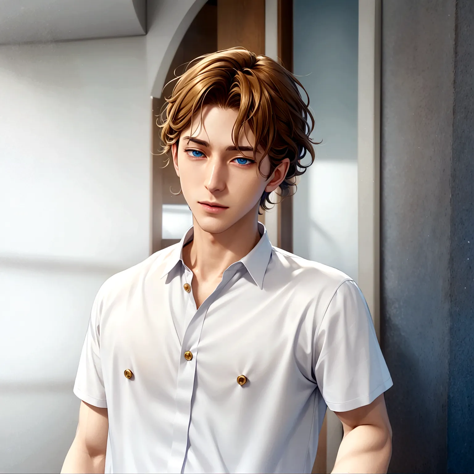 Golden hair color、Anime boy in blue shirt, Tall anime guy with blue eyes, Semi-realistic anime, In games, Smooth anime CG art, A...