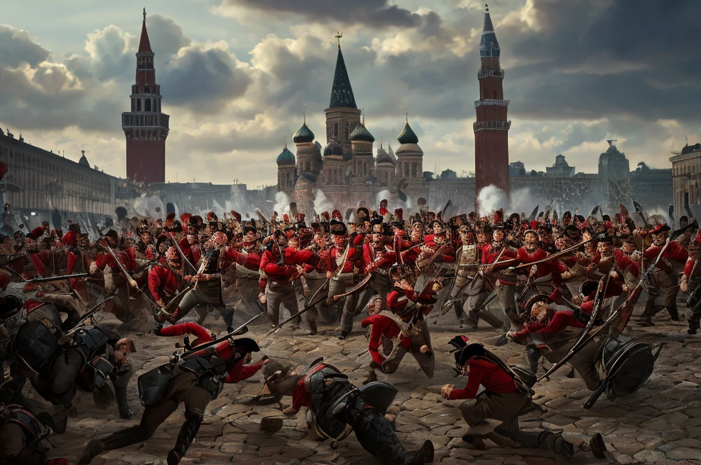 battle, siege, redcoats, in the Moscow Red Square, [The characters (FULL BODY) are surrounded by mist, evoking a mysterious and eerie atmosphere. The lighting is dark and atmospheric, with a red smoke adding a touch of sinister ambiance. The image is of the best quality, with a resolution of 4k and HDR enhancement, showcasing the utmost level of detail and realism, sfw, full body shot:1.5]. [8K, Best Quality, Masterpiece, Ultra High Resolution, (highly detailed CG unity 8k wallpaper), (best photo), (best shadows), isometric 3D, octane rendering, ray tracing, highly detailed, (Best quality, 4K, 8k, A high resolution, masterpiece:1.2), absurdity, ultra detailed, (realistic, photorealistic, photorealistic:1.37), complex parts, HDR, (complex parts:1.12), (hyper detailed, hyper realistic, Soft lighting, spicy:1.2), (complex parts, Hyper detailed:1.15). Blurred foreground. (backlit), realistic, masterpiece, high quality, brightness, chromatic aberration, 8k uhd, some smoke, shadows, contrast, clear sky, (warm hue, warm tone), high details, natural reflections]. 