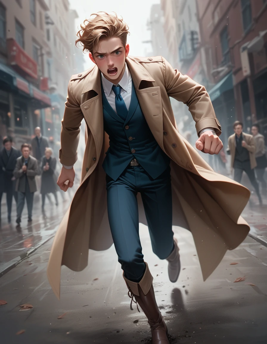 BREAK Perfect Anatomy、(High resolution:1.2)、Incredible illustrations、(Cute illustrations:1.2)、(dynamic angle,) （Beautiful background（）) 1boy((Fedoras, trench coats, vests, slacks, riding boots),1boy((a gay,slender 1.7meters, 50kg,）Chasing while shouting, running at full speed:1.3