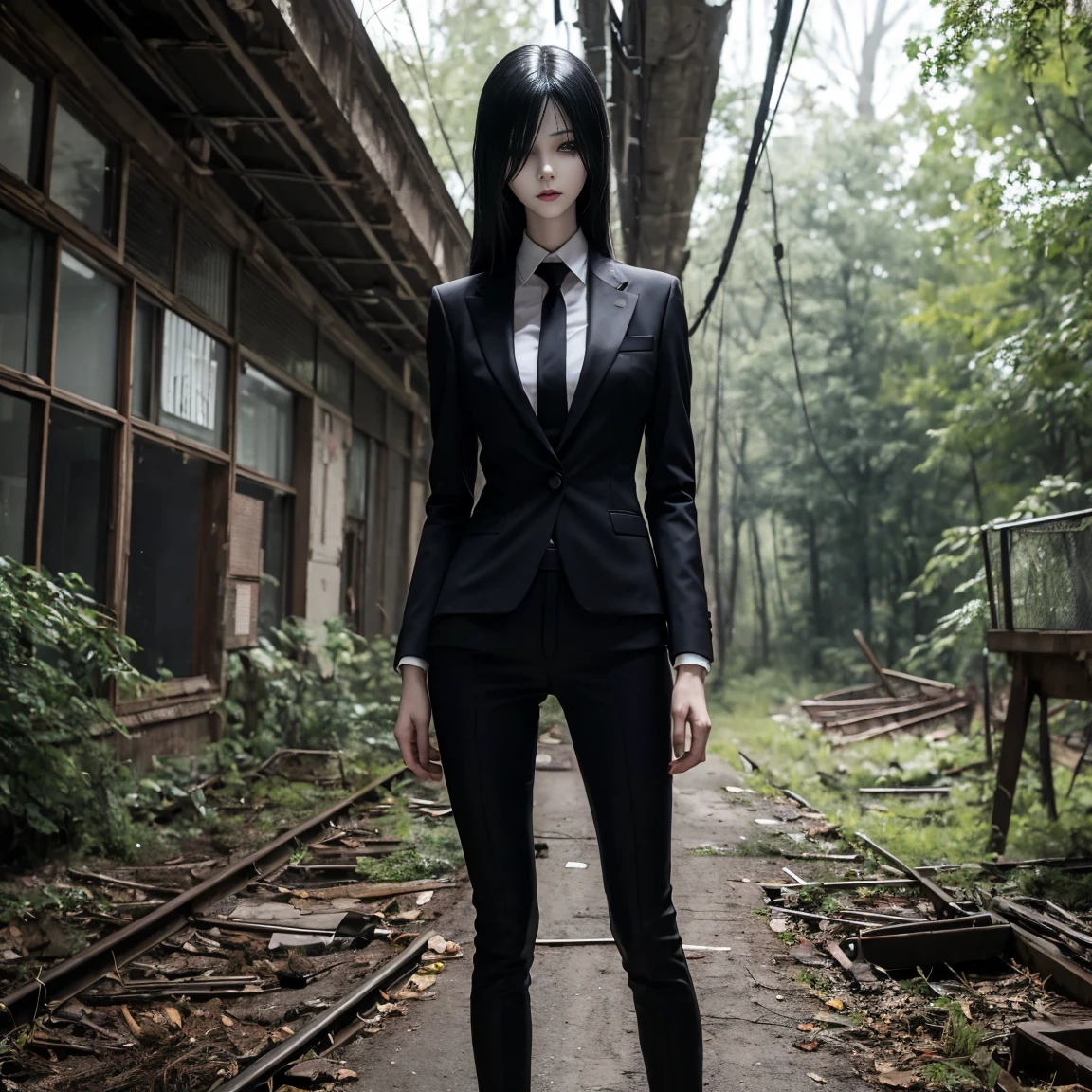 A depiction of Slenderwoman, the urban legend figure, with a tall, thin figure, long, flowing hair, and an expressionless face. She is wearing a dark, formal suit and is set in a dark forest or abandoned building, exuding an eerie, unsettling presence.
