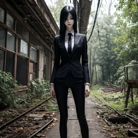 a depiction of slenderwoman, the urban legend figure, with a tall, thin figure, long, flowing hair, and an expressionless face. ...