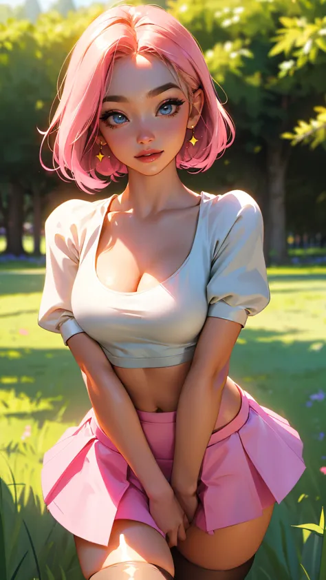 highest quality, ​masterpiece, beautifully detailed eyes,, short blonde hair, gradient hair, pink highlights in hair, large brea...