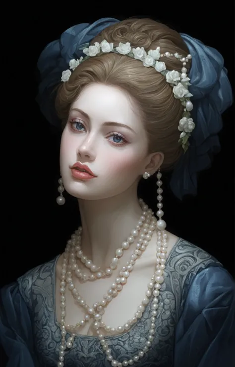 a close-up of a woman wearing pearls and a blue dress, girl with a Pearl Earringl, pintura digital barroca, senhora elegante com...