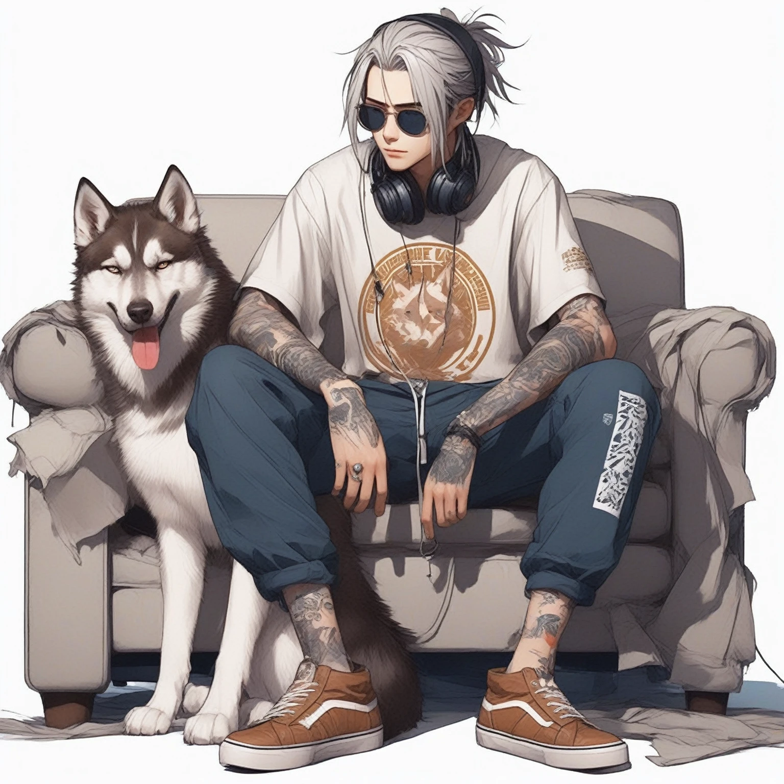 arafed man sitting on a couch with a husky dog, modern anime style, style anime, detailed anime character art, anime style character, frank franzzeta and sakimichan, fursona wearing stylish clothes, in anime style, artwork in the style of guweiz, high quality anime artstyle, male anime style, anime styled