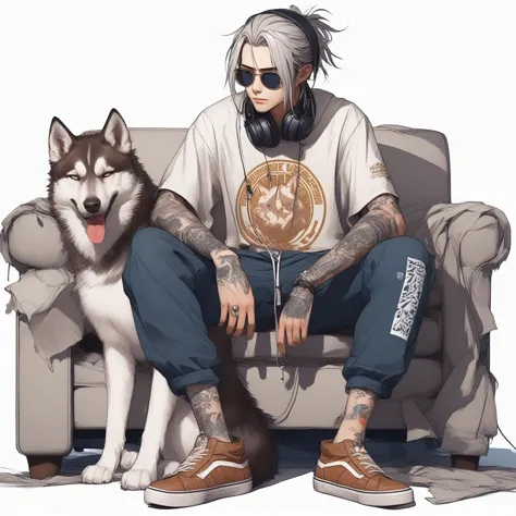 arafed man sitting on a couch with a husky dog, modern anime style, style anime, detailed anime character art, anime style chara...