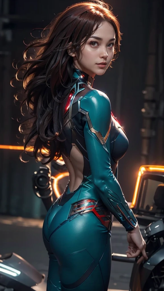 (masterpiece), (best quality), (ultra detailed), (epic lights reflections), glowing, luminous neon lights, 1girl, red eyes, red hair, full makeups, red lips, fit body hair blown by strong winds, she is a Beautiful Captain-Marvel, black green bodysuits, very tight body shape suit, ultra bodysuit textures details, hair blown by winds, ((full body)), symmetrical pose, model posing in the middle, from behind