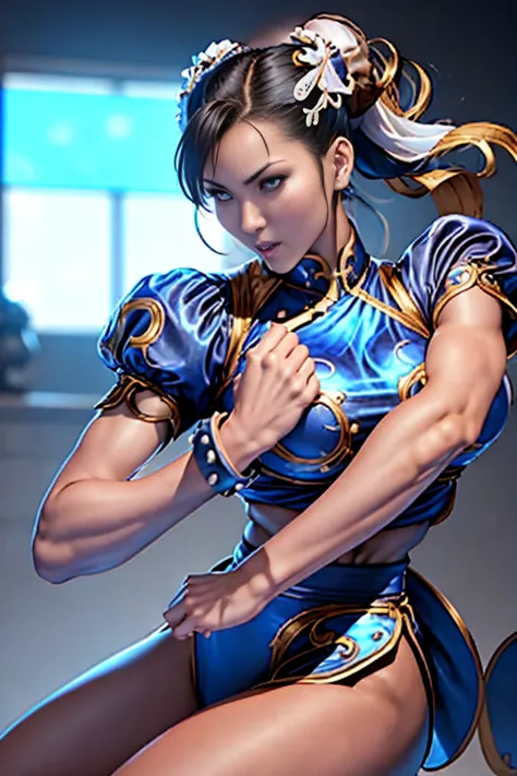 Arafe woman chun-li solo with ponytail hair、Fighting Game Fighter、Fitness Model、Big breasts about to burst、No exposed skin、thin ...