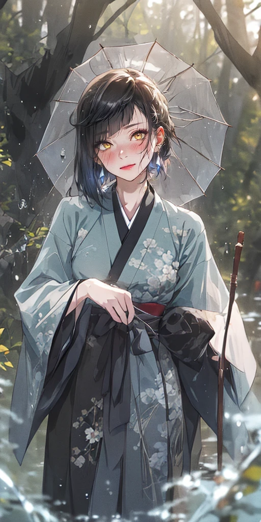 yelan_genshin, (black hair:1.4), black hair, long hair, browneyes, Chinese_clothes, solo, nature, 1girl, bangs, outdoors, standing, forest, hold_an_umbrella, water, blurry, female_focus, tree, wide_sleeves, hakama, blurry_foreground, water_drop, long_sleeves, depth_of_field, black_hair,