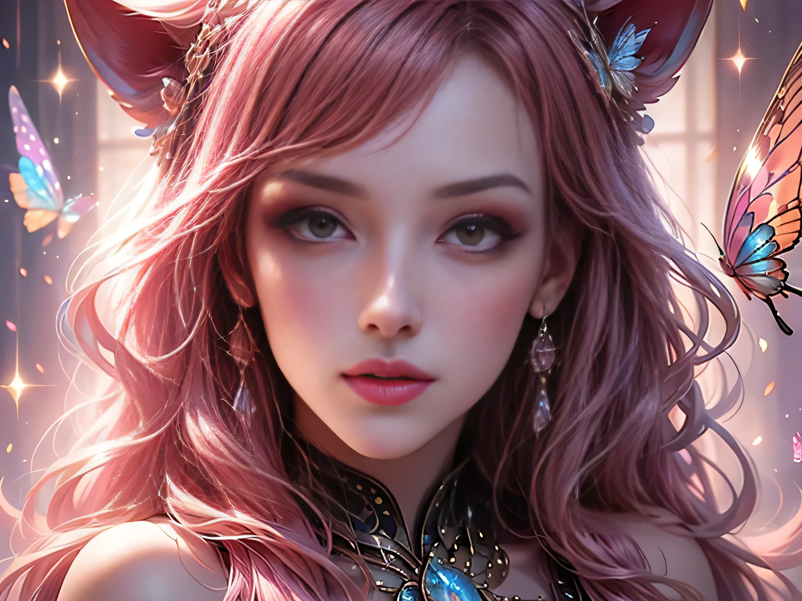 (Best Quality, 8K, Masterpiece, HDR, Soft Lighting, Picture Perfect, Realistic, Vivid), Cat Girl (1.0), Cat Girl with Red Hair and brown eyes and Sexy Revealing Clothes, Pink Bodysuit with Glitter Texture, Beautiful Anime Fantasy, Very beautiful and cute cat girl, large pink butterflies fly around, background blur, anime fantasy, work in Gouves style, realistic: 1.37, top view, red cat girl lies in blue flowers, large pink butterflies fly around, horizontal view, (Ultra High Quality Fantasy Art), Masterpiece, Female Model, Ultra High Quality Female Character Designs, Detailed 8k Anime Art, Realistic Anime Art, Highest Quality Wallpapers, Intricate Ultra High Quality Accurate Female Character Faces, High Quality Designs and Accurate Physics (Fantasy - Ultra High Quality) quality) quality)) art), dark fantasy style), masterpieces, super high-quality characters, anime resolution - 8K, realistic anime art, wallpaper with the highest quality illustrations, ultra-high detail of faces, high-quality design and accurate physics), color, depth of field, shadows, ray tracing, high quality workmanship. -high quality and 8K resolution, (Accurate simulation of the interaction of light and materials)], [High-quality hair detail [More about beautiful and shiny red hair]], (Beautifully detailed hands [perfect fingers [Perfect nails]]], (perfect anatomy (perfect proportions)))) [[Full-length]], [Perfect combination of colors (Accurate imitation of the interaction of light and material)], [art that conveys the meaning of the story](modified)