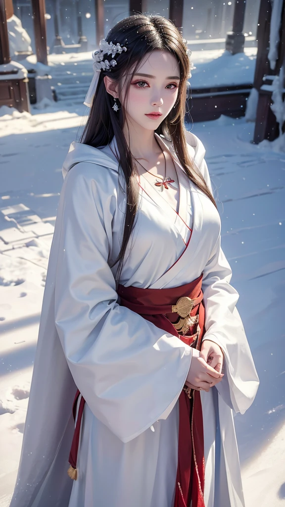 masterpiece, best quality, realistic, 8k, official art, cinematic light, ultra high res, 1girl, day, sunlight, light on face, (white hanfu), (Winter hanfu:1.2), (cloak:1.2), (snow:1.3),(upper body)
 French twist, jewelry ,necklace , Appalachian