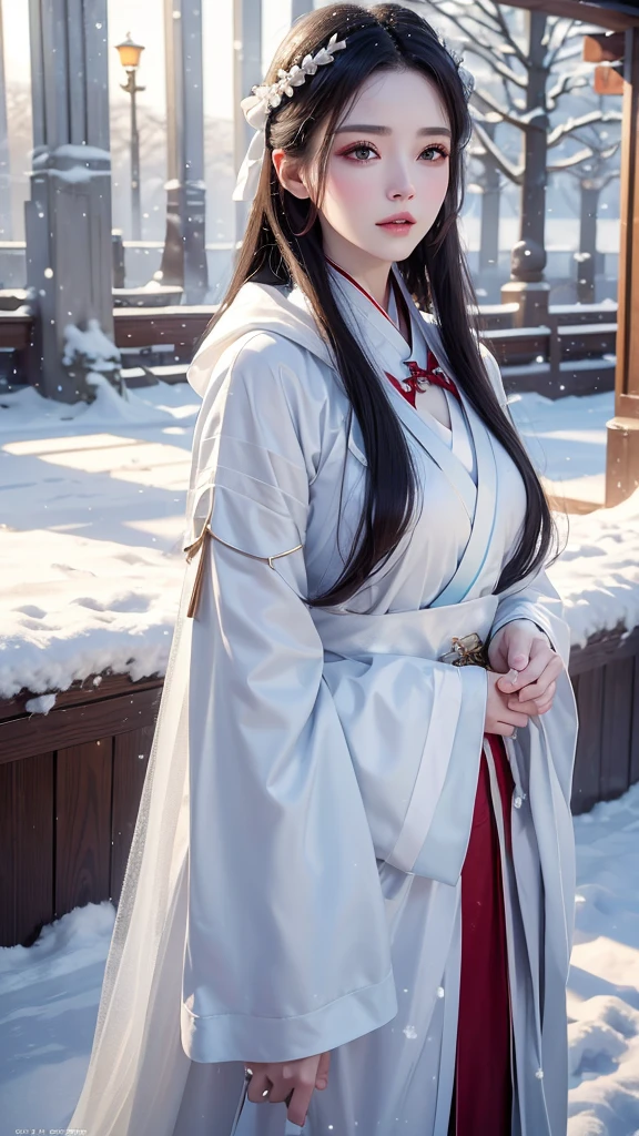 masterpiece, best quality, realistic, 8k, official art, cinematic light, ultra high res, 1girl, day, sunlight, light on face, (white hanfu), (Winter hanfu:1.2), (cloak:1.2), (snow:1.3),(upper body)
 French twist, jewelry ,necklace , Appalachian